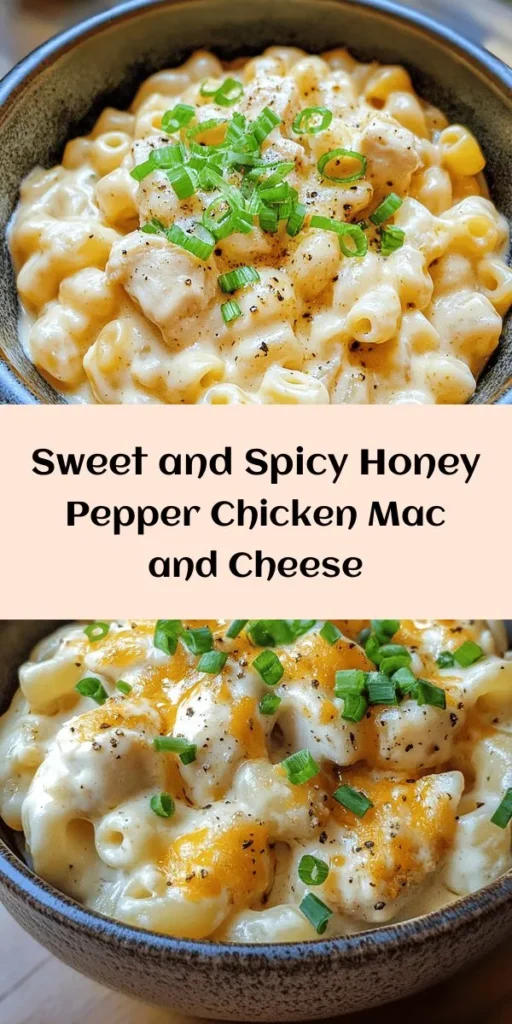 Indulge in a creamy and flavorful twist on a classic with this Honey Pepper Chicken Mac and Cheese! Made with tender chicken, sharp cheddar, and mozzarella, this dish combines sweet and savory in every bite. In just 30 minutes, you'll have a comforting meal that's perfect for weeknights or gatherings. Top it off with fresh green onions or parsley for an extra pop of color. Your family will love it! Try it today and satisfy those cravings!