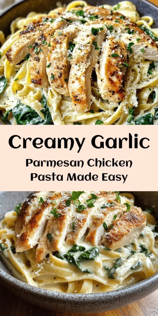 Indulge in this creamy Chicken Garlic Parmesan Pasta that's perfect for any night of the week! With tender chicken, al dente fettuccine, and a rich Parmesan cream sauce, this dish is a crowd-pleaser. Made with fresh garlic, Italian seasoning, and spinach for a pop of color, it’s ready in just 30 minutes. Top with chopped parsley for an extra touch. Quick and delicious, it’s a must-try for pasta lovers!