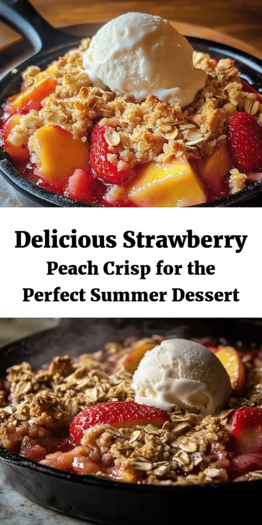 Indulge in the sweet and tangy goodness of this Strawberry Peach Crisp! Made with fresh strawberries and peaches, this dessert features a delightful crumbly topping of oats, flour, and butter, perfectly baked until golden brown. It's easy to prepare, deliciously fruity, and perfect for sharing with friends and family. Serve warm, topped with vanilla ice cream or whipped cream for an extra special treat. Enjoy this summer favorite!