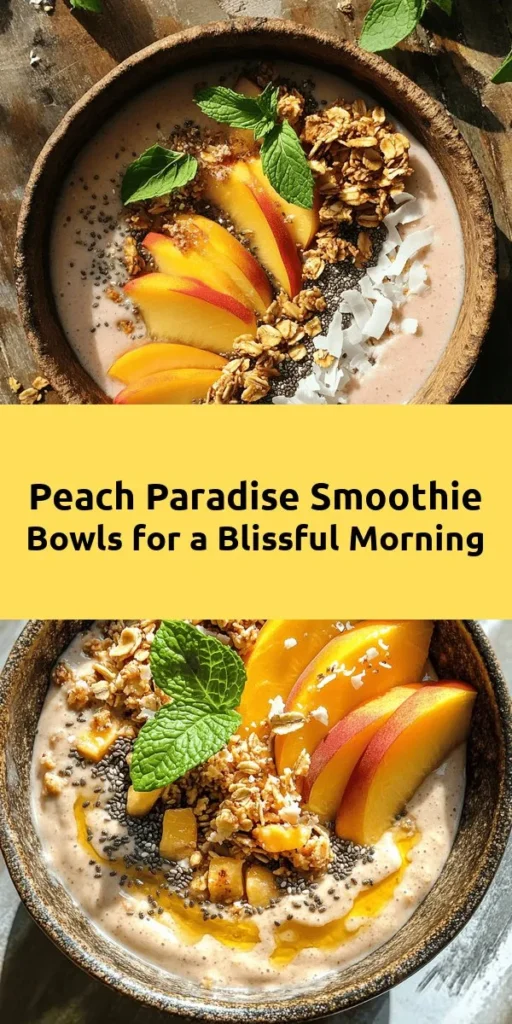 Dive into a refreshing Peach Paradise Smoothie Bowl that’s perfect for breakfast or a post-workout snack! This quick and easy recipe combines ripe peaches, frozen banana, Greek yogurt, and almond milk for a creamy base. Top it off with sliced peaches, granola, chia seeds, toasted coconut flakes, and mint for a delightful crunch and flavor. Ready in just 10 minutes, this bowl is not only healthy but also a feast for the eyes! Enjoy the summer vibe any time of year!