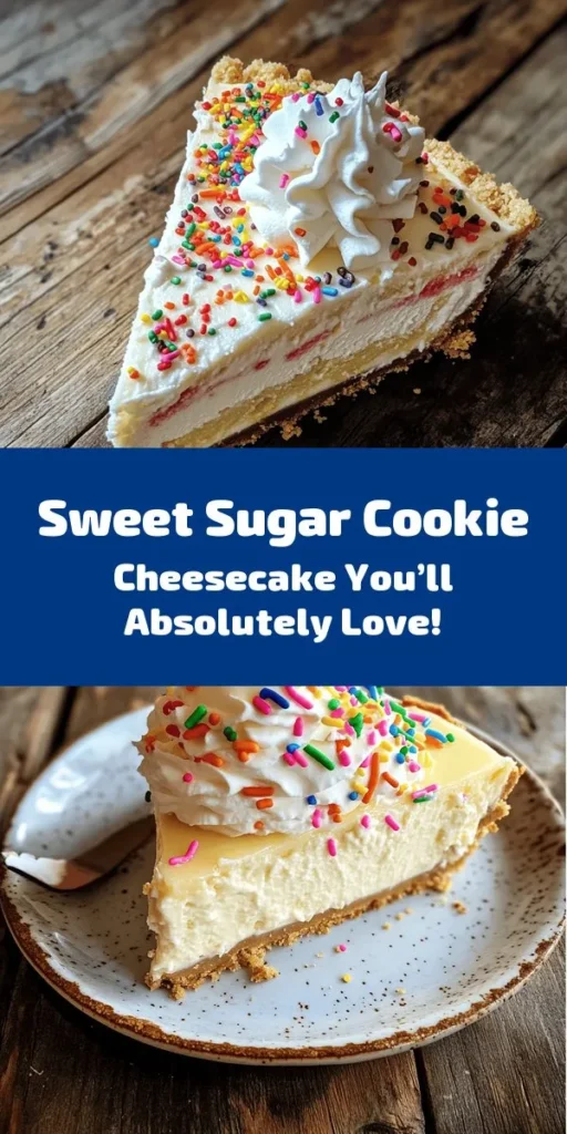 Indulge in the ultimate dessert experience with this Sweet Bliss Sugar Cookie Cheesecake! Combining a buttery sugar cookie crust with a creamy, rich cheesecake filling, this treat is perfect for any occasion. Easy to make and even easier to love, it's topped with fluffy whipped cream and colorful sprinkles for an extra touch of fun. Bake it for your next gathering and watch it disappear! Total time: 5 hours, serves 12. Enjoy every slice!