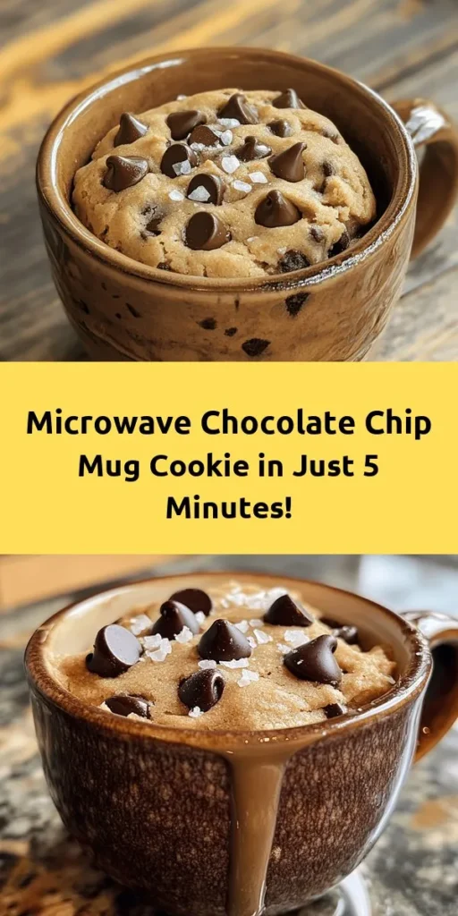 Satisfy your sweet cravings in just 5 minutes with this easy microwave chocolate chip mug cookie recipe! Perfect for a quick treat, this indulgent dessert combines rich butter, brown sugar, and chocolate chips into a warm, gooey delight. Just mix the ingredients right in your mug, pop it in the microwave, and enjoy a delicious cookie without the fuss. Top it with a sprinkle of sea salt for an extra gourmet touch! Perfect for one!