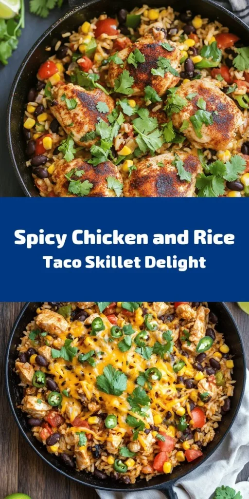 Create a delicious and easy meal with this Sizzling Chicken and Rice Taco Skillet! Packed with flavorful diced chicken thighs, rice, black beans, and corn, this one-pan dish is a perfect weeknight dinner. Simply sauté chicken and veggies, stir in the rice and broth, and let it simmer until everything is tender. Top with melted cheese and fresh cilantro for a tasty finish. Serve with lime wedges for a zesty kick. Enjoy a fiesta on your dinner table!
