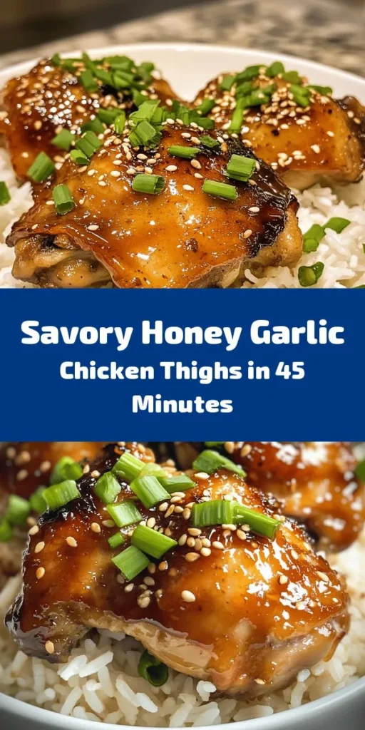 Indulge in the delightful flavors of Sweet & Savory Honey Garlic Chicken! This easy recipe combines juicy chicken thighs marinated in a mouthwatering blend of honey, garlic, and soy sauce. Baked to perfection and finished with a quick broil for a caramelized glaze, it's a dish that's sure to impress. Serve it over rice or with stir-fried veggies for a complete meal. Perfect for busy weeknights or special occasions! Enjoy the taste of homemade comfort food tonight!