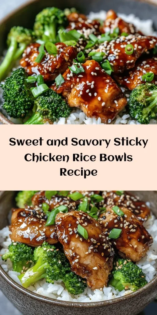 Prepare your taste buds for a flavor explosion with these Sticky Chicken Rice Bowls! This delicious recipe features marinated chicken thighs cooked to perfection, drizzled with a rich, thickened sauce made from soy sauce, honey, and ginger. Serve it over fluffy jasmine rice and steamed broccoli for a hearty meal. Don't forget to garnish with green onions and sesame seeds, and add a dash of Sriracha for a spicy kick. Perfect for a cozy dinner any night!