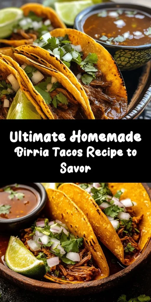 Elevate your taco night with these mouthwatering Birria Tacos! This recipe features tender beef chuck roast cooked in a rich, spicy chile sauce made from guajillo and ancho chiles. Serve these flavorful tacos on warm corn tortillas, garnished with fresh onion and cilantro, and dip them in savory consommé. Perfect for gatherings or a cozy dinner at home, these tacos are sure to impress. Get ready to indulge in a taste explosion!