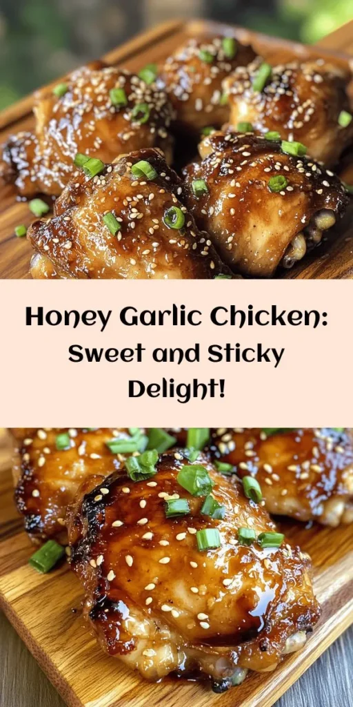 Make dinner a delight with this Sweet & Sticky Honey Garlic Chicken! This mouthwatering recipe features succulent chicken thighs marinated in a sweet and savory blend of honey, soy sauce, garlic, and ginger. Cooked to golden perfection and glazed with a rich sauce, it’s sure to impress. Serve with rice or veggies for a complete meal. Perfect for a weeknight treat or a special occasion! Quick to prepare and full of flavor, this dish will become a family favorite.