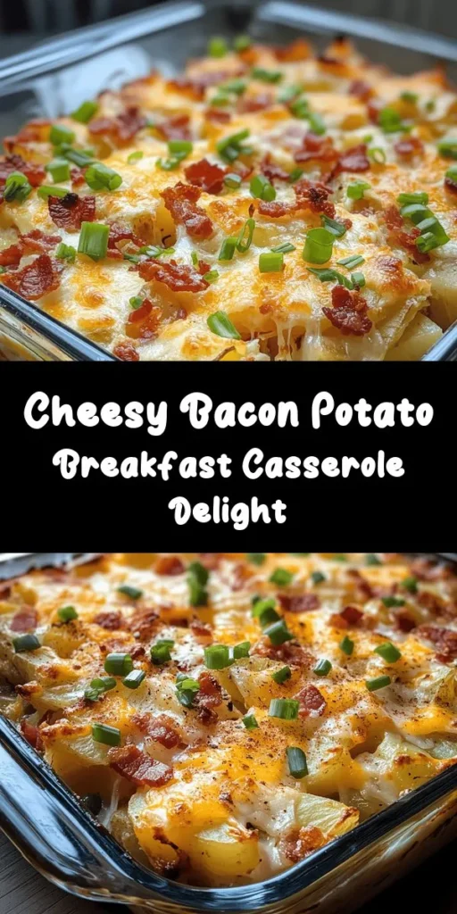 Start your day off right with this delicious Cheesy Bacon Potato Breakfast Casserole! Packed with tender russet potatoes, crispy bacon, sautéed onions, and colorful bell peppers, this hearty dish is topped with a blend of sharp cheddar and mozzarella cheese. Perfect for breakfast or brunch, it's easy to make and serves 8. Whip it up for a family gathering or weekend treat that's sure to please everyone. Add a sprinkle of green onions for an extra touch!