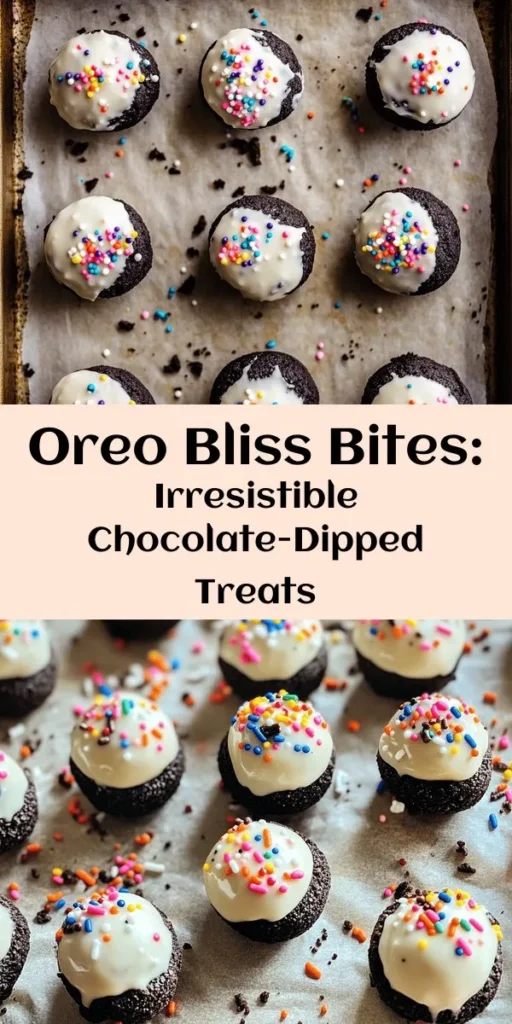 Indulge in these delightful Oreo Bliss Bites, perfect for any occasion! Made with crushed Oreo cookies and creamy cheese, these treats are simple and oh-so-satisfying. After rolling them into bites, dip in melted white chocolate for a decadent finish. Add crushed Oreos or colorful sprinkles for an extra touch! With just 15 minutes of prep time, these no-bake delights are sure to impress. Get ready to enjoy a sweet treat that everyone will love!