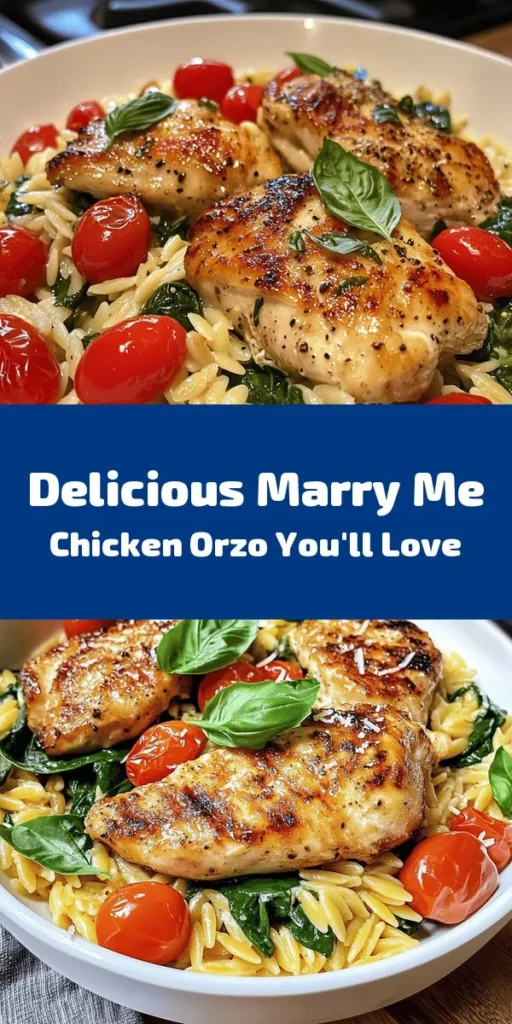 Discover the ultimate comfort food with this Marry Me Chicken Orzo recipe! Tender chicken breasts are seared to perfection and paired with creamy orzo, fresh spinach, and juicy cherry tomatoes. With delightful herbs and a touch of Parmesan, this dish is packed with flavor and ideal for weeknight dinners or special occasions. Ready in just 30 minutes, it's a quick and delicious way to impress your loved ones. Serve it up and watch the magic happen!