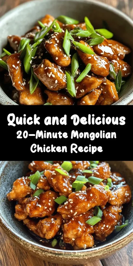 Whip up this delicious 20-minute Sweet Savory Mongolian Chicken for a quick weeknight dinner! With tender chicken thighs coated in cornstarch for extra crispiness, this dish is packed with flavor from garlic, ginger, and a rich sauce made of soy sauce, brown sugar, and sesame oil. Ready in just 20 minutes, it's perfect served over rice or noodles. Don't forget to garnish with green onions and sesame seeds for that finishing touch!