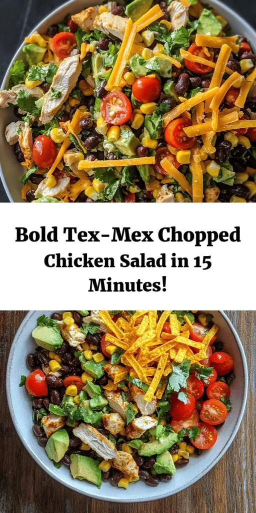Looking for a fresh and delicious meal? Try this Tex-Mex Chopped Chicken Salad! Packed with flavors, this vibrant dish combines tender chicken, black beans, sweet corn, and crunchy veggies, all topped with a zesty lime dressing. Perfect for lunch or dinner, it takes just 15 minutes to prepare. Garnish with tortilla strips for added crunch! This salad is not only colorful but also healthy and satisfying. Enjoy it right away or let it chill for a flavor boost!
