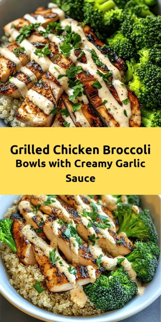 Savor the flavors of these Grilled Chicken & Broccoli Bowls with a delicious creamy garlic sauce! Perfect for meal prep or a healthy dinner, this recipe features juicy marinated chicken breasts, tender broccoli, and nutrient-packed quinoa or brown rice. The creamy garlic sauce made with Greek yogurt adds a rich, tangy touch that brings it all together. Easy to make and packed with flavor, it's a nutritious meal everyone will love!