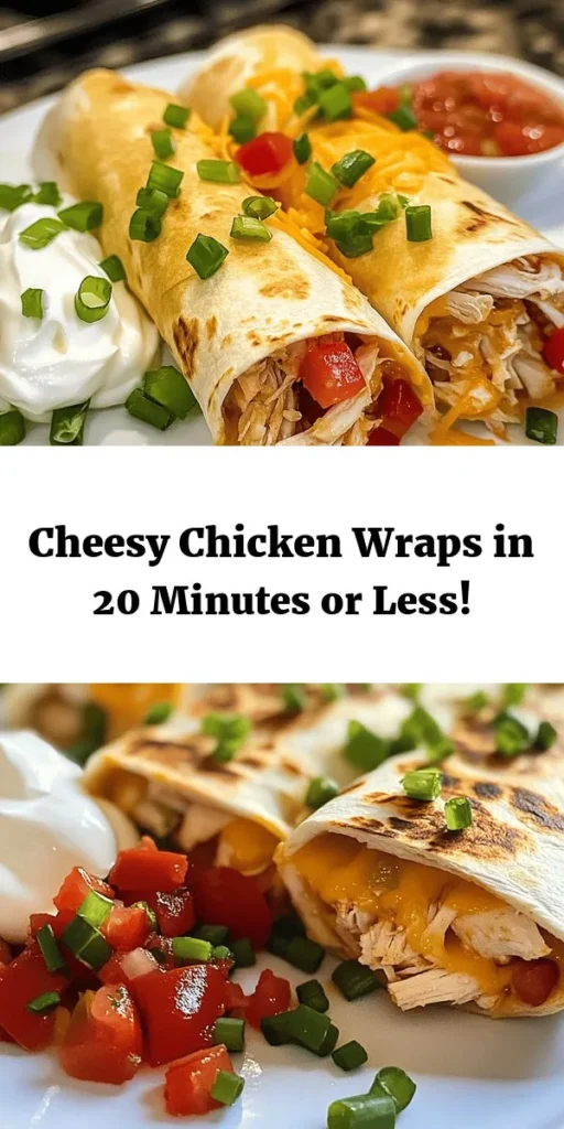 Enjoy a delicious and satisfying meal with these Easy Cheesy Chicken Wraps! Packed with shredded chicken, cheddar, and cream cheese, these wraps are perfect for a quick lunch or dinner. Simply mix your ingredients, fill your tortillas, and cook until golden brown. In just 20 minutes, you’ll have a flavorful dish that can be served with salsa and sour cream. Ideal for busy weeknights and sure to please the whole family!
