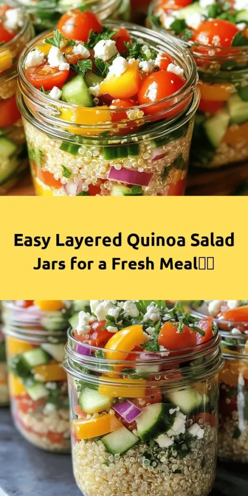 Enjoy a vibrant and nutritious meal with these Refreshing Quinoa Salad Jars! Packed with cherry tomatoes, cucumber, bell pepper, red onion, and feta cheese, these salads are as delicious as they are colorful. Toss everything with a zesty lemon dressing and layer it in mason jars for a grab-and-go option perfect for lunch or a light dinner. Refrigerate for up to 3 days to keep flavors fresh. Prep takes just 15 minutes—healthy eating has never been easier!