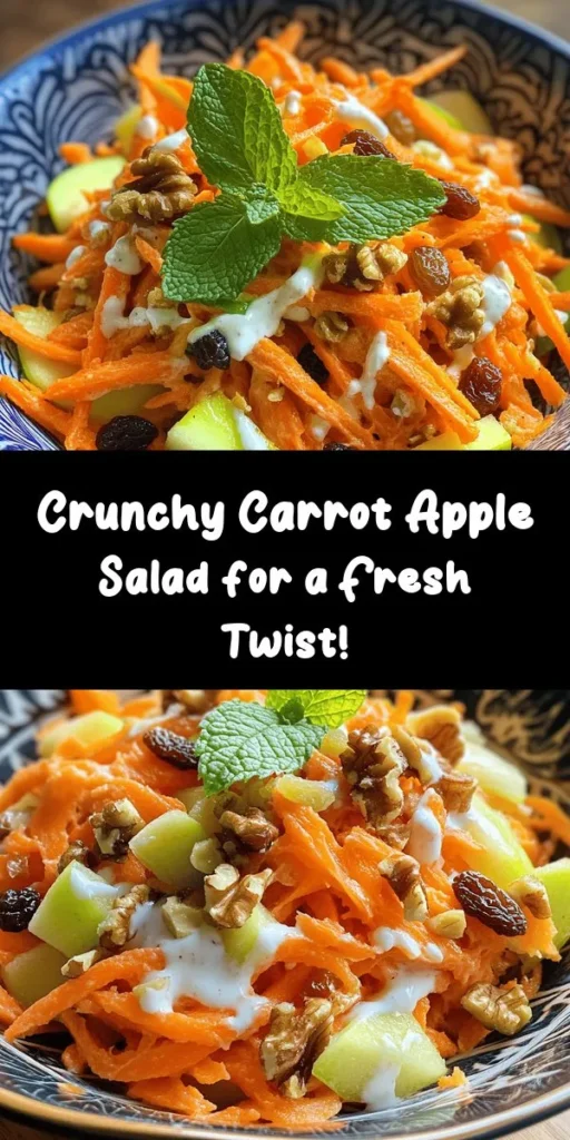 Discover the refreshing crunch of Crunchy Carrot Apple Delight – a perfect salad for any occasion! This vibrant mix of grated carrots and sweet apples, tossed with raisins, walnuts, and a creamy yogurt dressing, makes for a nutritious and satisfying dish. Finished with a hint of cinnamon and fresh mint, it's an easy treat that takes just 25 minutes to prepare. Enjoy this delicious blend that's as tasty as it is healthy!