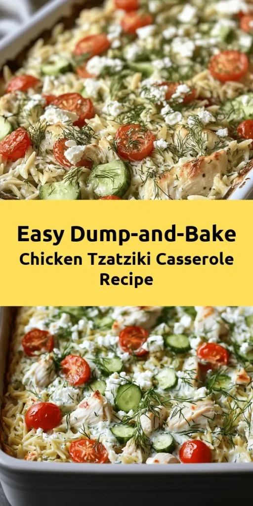 Looking for a quick and tasty dinner idea? Try this Dump-and-Bake Chicken Tzatziki Casserole! With just a few simple ingredients like rotisserie chicken, orzo pasta, Greek yogurt, fresh veggies, and feta cheese, you can create a delicious one-pan meal that's bursting with flavor. Perfect for busy weeknights, this dish is easy to prepare and packed with Mediterranean goodness. Bake it up, and enjoy the cozy, comforting vibe!