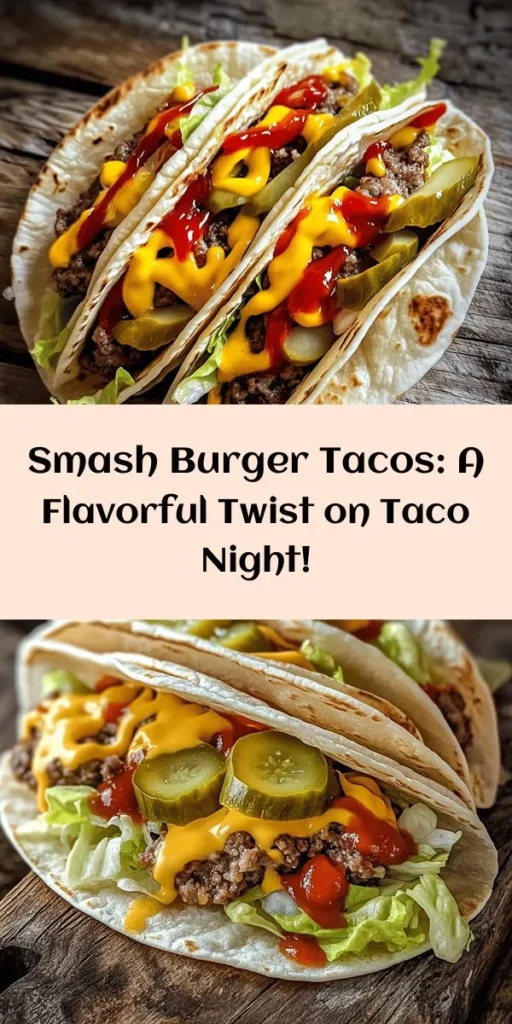 These Smash Burger Tacos are the ultimate flavor fusion that combines juicy burgers with taco convenience! Made with a perfectly seasoned 80/20 ground beef blend, these easy tacos are topped with melted cheddar cheese, fresh lettuce, juicy tomatoes, and crunchy pickles. Drizzle with a creamy mayo, mustard, and ketchup combo for a delicious twist. Perfect for a quick weeknight dinner or a fun gathering, they're sure to impress at your next taco night!