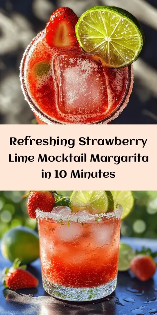Refresh your day with this vibrant Strawberry Lime Mocktail Margarita! Perfect for parties or a relaxing afternoon, this delightful drink combines fresh strawberries, zesty lime juice, and a touch of agave syrup for sweetness. The fizzy finish from sparkling water makes it extra special. Optional rimming with salt or sugar adds an elegant touch. With an easy prep time of just 10 minutes, you can enjoy this beautiful mocktail in no time!