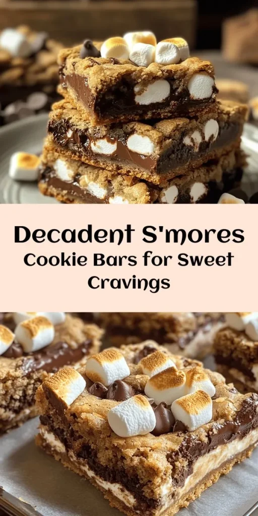 Indulge in the ultimate sweet treat with these S'mores Cookie Bars! Combining the flavors of classic s'mores with a chewy cookie, these bars are made with buttery goodness, rich chocolate chips, fluffy mini marshmallows, and crushed graham crackers. Perfectly baked for that gooey finish, they are sure to please friends and family alike. Quick to prepare and easy to share, they're perfect for any gathering or cozy night in. Try this delicious recipe today!