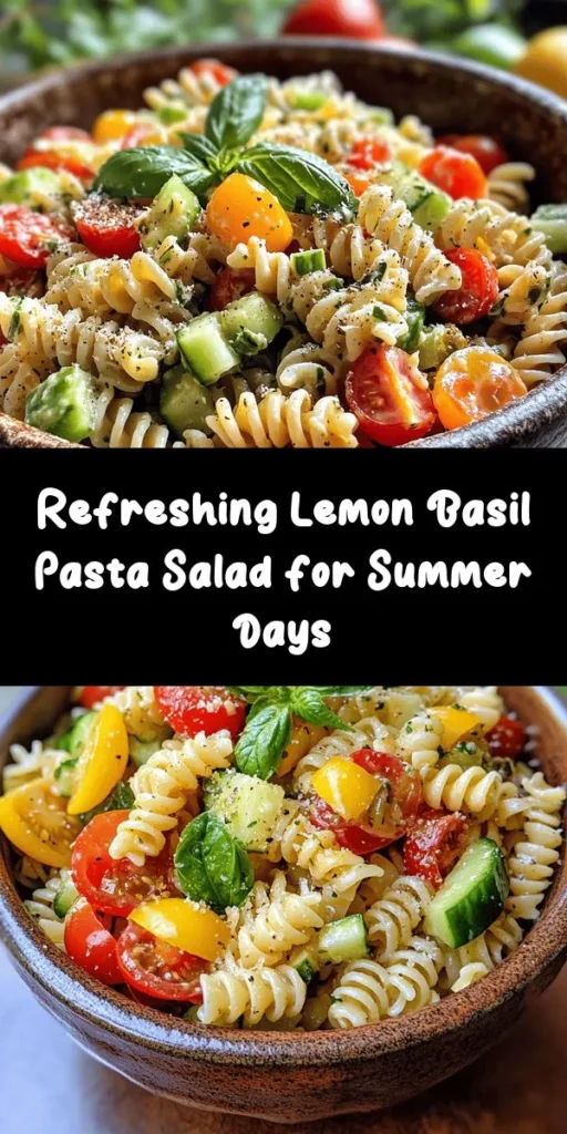 Brighten up your meal with this refreshing Lemon Basil Pasta Salad! Made with whole grain pasta, juicy cherry tomatoes, crunchy cucumbers, and a zesty lemon dressing, this salad is bursting with flavor. Perfect for a summer picnic or a simple weeknight dinner. Plus, it’s easily customizable with your favorite veggies and optional olives for an extra kick. Chill it for a refreshing treat that serves 4-6. Perfect for meal prep or a delicious side!