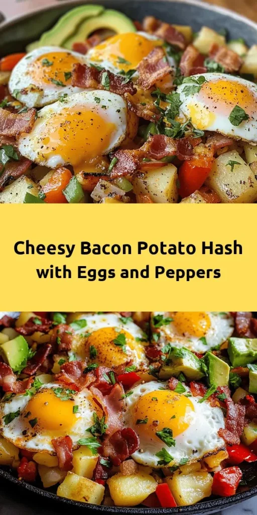 Start your day right with this delicious Hash It Up! Sunrise Surprise! This hearty breakfast skillet features crispy bacon, golden potatoes, vibrant bell peppers, and perfectly cooked eggs all topped with melted cheddar cheese. It's easy to whip up in just 40 minutes and makes for a filling meal for the whole family. Serve with fresh avocado and a kick of hot sauce for an extra layer of flavor. Perfect for brunch or a cozy breakfast at home!