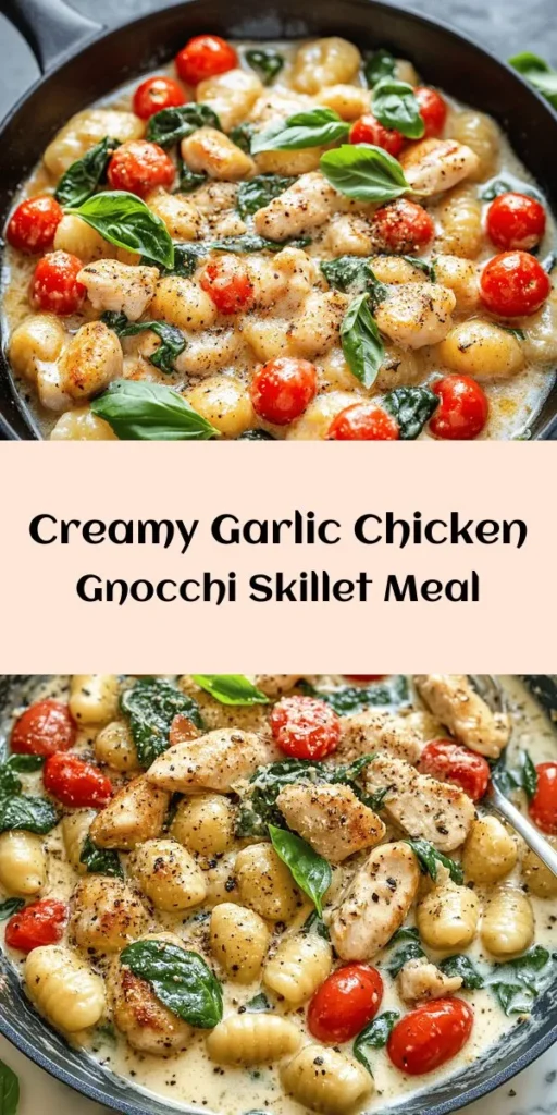 Discover the perfect weeknight dinner with this Garlic Chicken Gnocchi Skillet recipe! In just 30 minutes, you can whip up a creamy, flavorful dish featuring tender chicken, pillowy gnocchi, vibrant cherry tomatoes, and fresh baby spinach. The rich sauce is made with garlic, chicken broth, and Parmesan cheese, creating a delightful meal that your family will love. Don't forget to garnish with fresh basil for an extra pop of flavor! Enjoy with a side salad for a balanced meal.