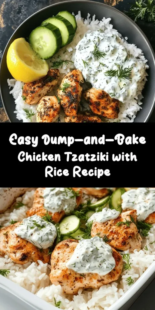 Discover the deliciousness of this Zesty Dump-and-Bake Chicken Tzatziki with Rice! Perfect for a quick weeknight dinner, this recipe combines tender chicken breasts baked over fluffy rice, all enhanced with spices like paprika and cumin. Top it off with a creamy homemade tzatziki sauce made from Greek yogurt, fresh cucumber, lemon, and dill for a refreshing twist. This one-dish meal is easy to prepare, requiring just 10 minutes of prep, and serves four. Enjoy a taste of the Mediterranean on your table tonight!