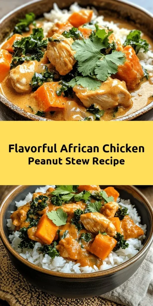 Dive into the rich flavors of this African Chicken Peanut Stew! This hearty dish combines tender chicken thighs, sweet potatoes, and fresh greens infused with creamy peanut butter and aromatic spices. It's a comforting meal perfect for cozy nights. Ready in just under an hour, serve it hot over rice or couscous for a filling experience. Don't forget to garnish with fresh cilantro for an extra burst of flavor! Perfect for family dinners or meal prep for the week ahead.