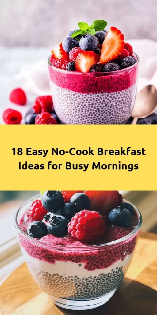 Start your day right with these 18 delicious no-cook breakfast recipes! From the refreshing Overnight Berry Chia Pudding to the savory Spinach and Goat Cheese Wrap, each recipe is quick and easy to prepare. Whether you're craving something sweet like the Yogurt Parfait Delight or savory like the Mediterranean Breakfast Bowl, there's a perfect option for everyone. No cooking needed, just mix, assemble, and enjoy your nutritious breakfast in no time!