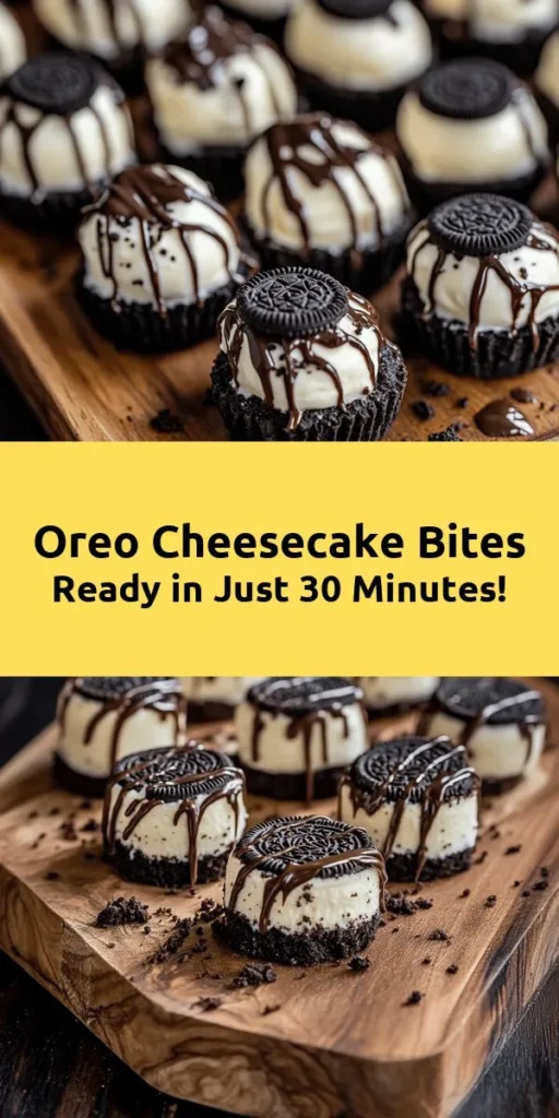 Indulge in the ultimate dessert experience with these delicious Oreo Cheesecake Bites, ready in just 30 minutes! This easy recipe combines creamy cheesecake filling with a crunchy Oreo crust, all topped with a luscious chocolate drizzle. Perfect for parties or a sweet treat at home, these bite-sized delights are sure to impress. Plus, you can customize them with extra Oreos for garnish. Gather your ingredients and get ready to delight your taste buds!
