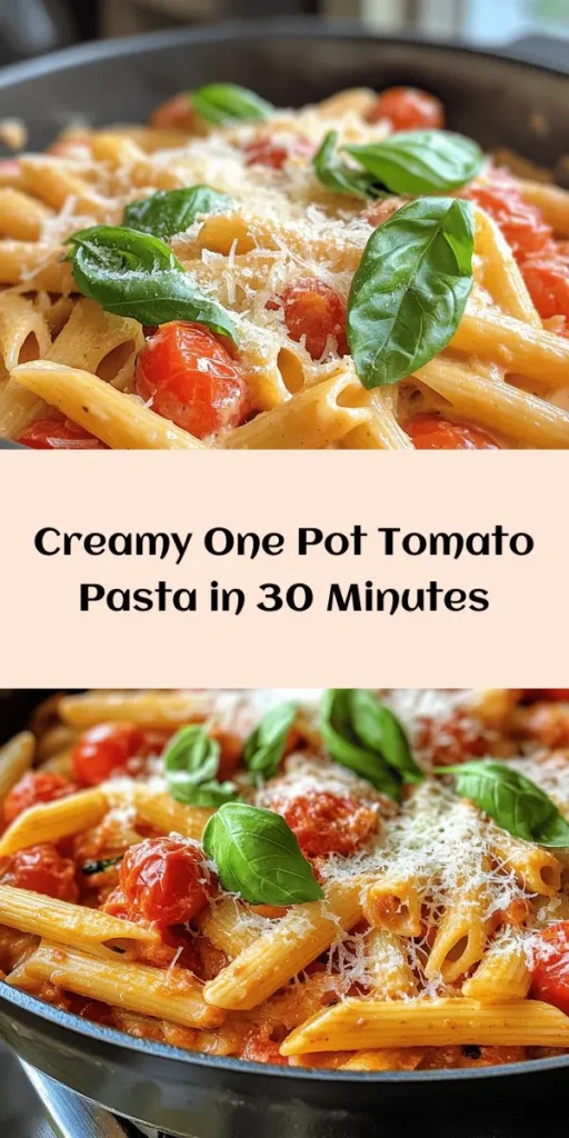 Discover the magic of Easy One Pot Creamy Tomato Pasta that's perfect for weeknight dinners! This delicious and comforting dish combines pasta, cherry tomatoes, and aromatic herbs all cooked together for maximum flavor and minimum cleanup. With just one pot, you'll have a creamy, dreamy meal ready in about 30 minutes. Customize it with dairy-free cream and nutritional yeast if you prefer. Top it off with fresh basil for a delightful finish! Try it tonight!